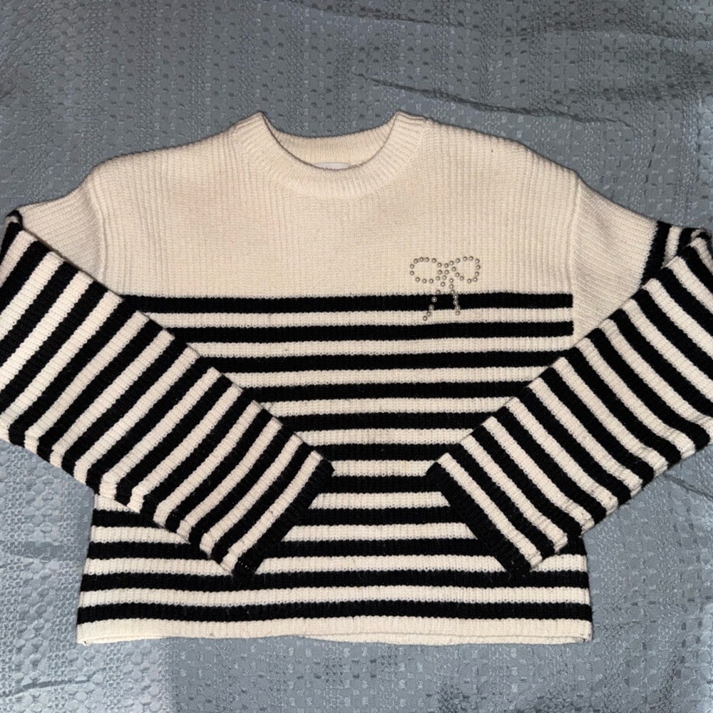 Zara Black & White Striped Crewneck Sweater with Crystal Bow